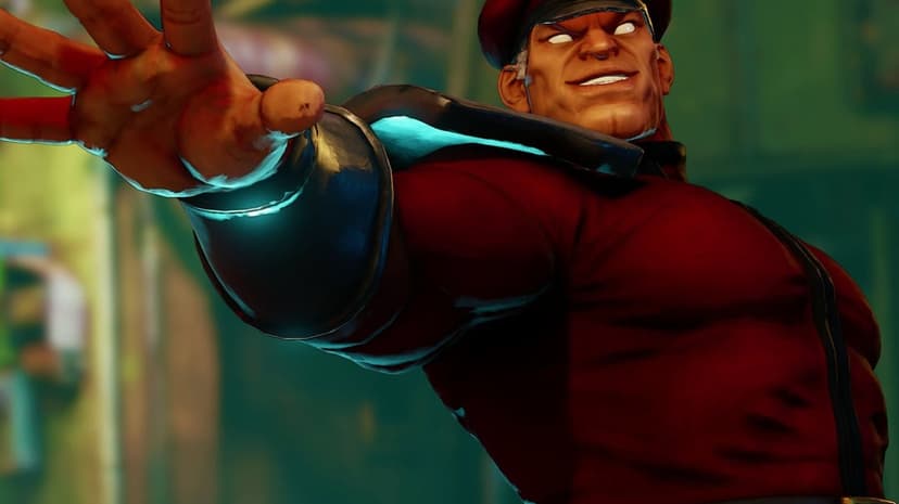 M. Bison with glowing white eyes reaching out, wearing a red uniform and blue glowing metal gauntlets.