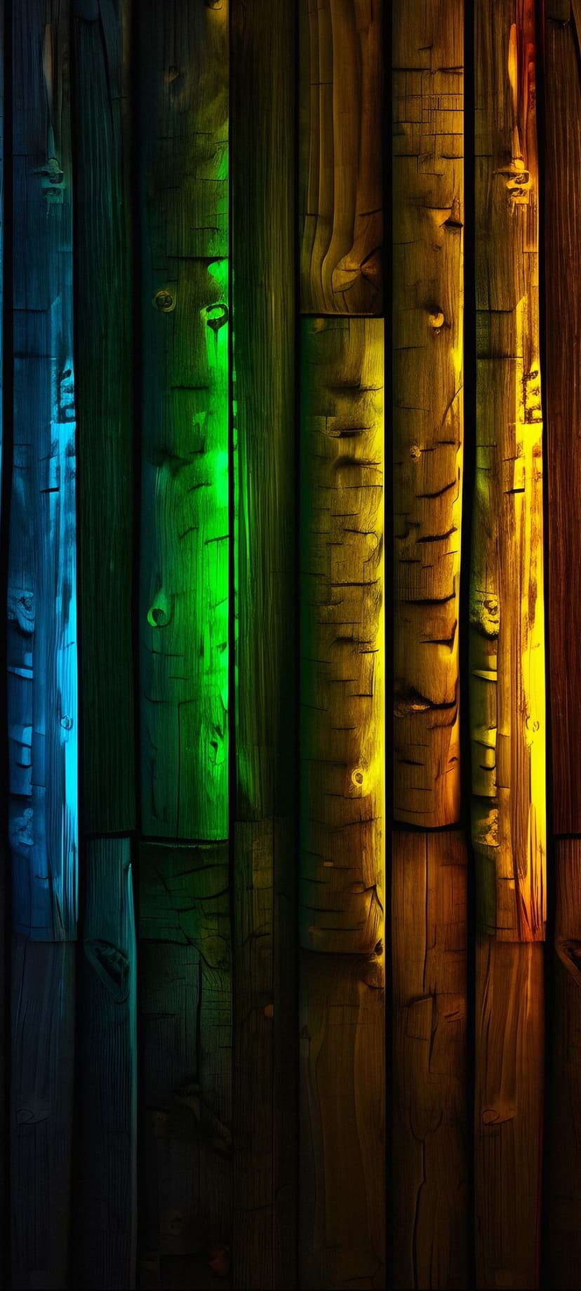 Vertical wooden planks featuring a vibrant rainbow color gradient with visible knots and organic grain textures.