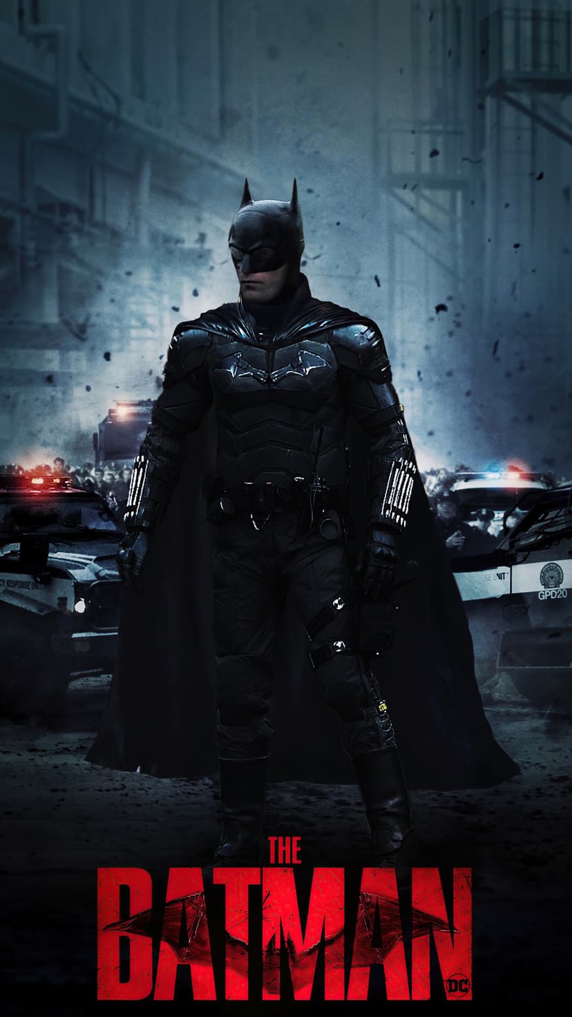 Batman in tactical armor stands on a rainy street with blurred police car lights in the dark background.