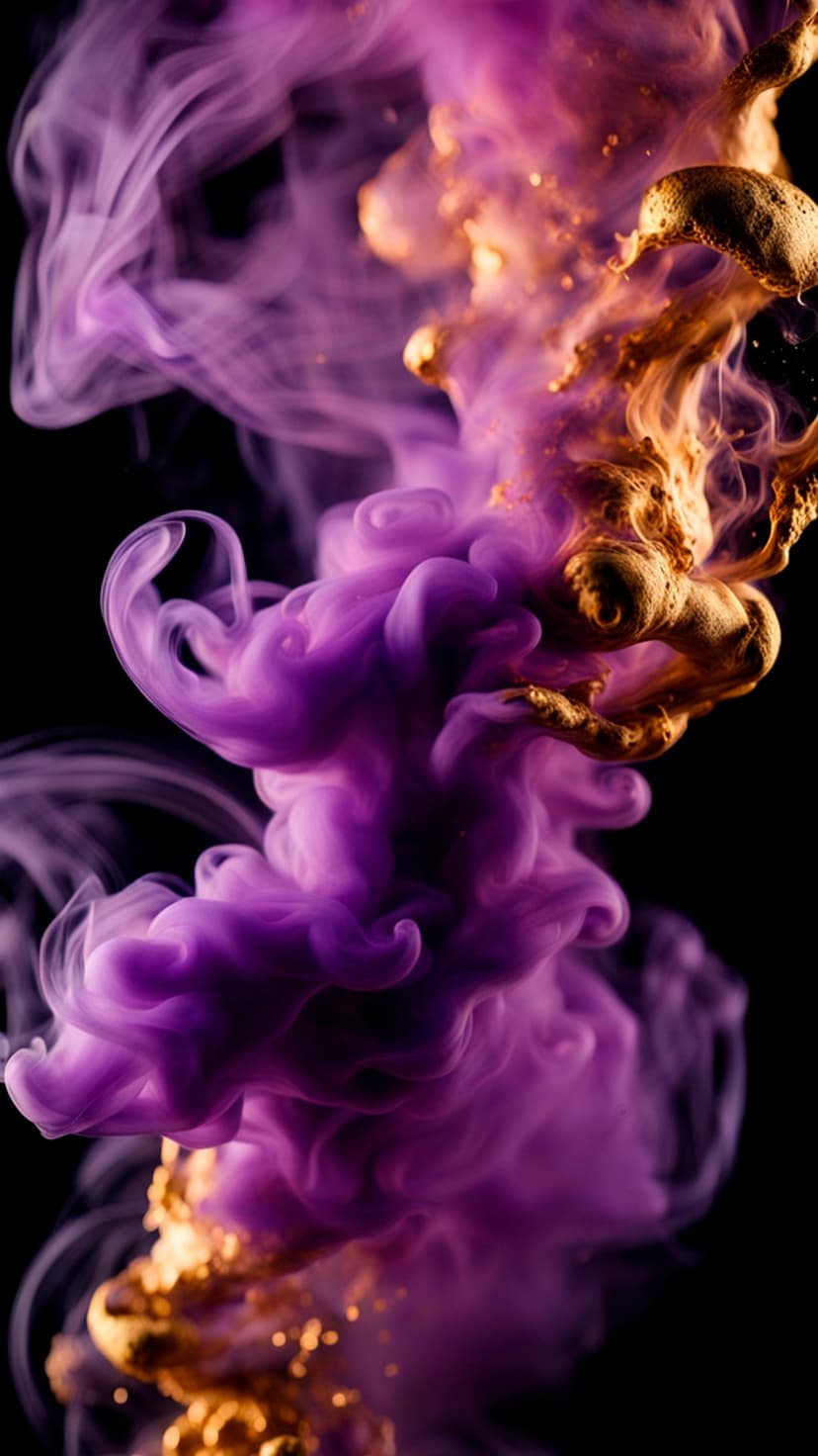 Purple ink plumes and gold metallic particles swirling together against a solid black vertical background.