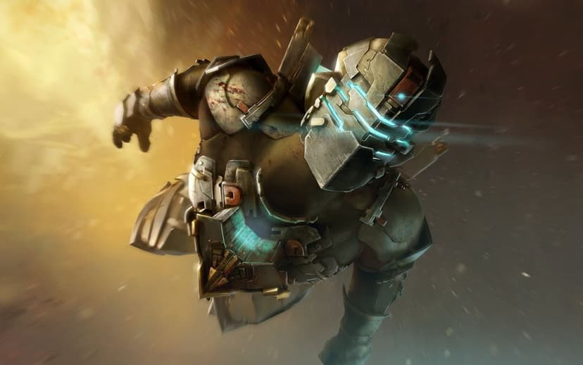 Isaac Clarke in armored suit floats in space against a bright orange explosion with glowing teal visor lights.