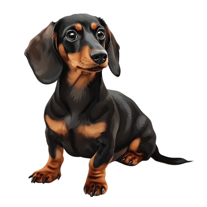 Black and tan dachshund puppy sits attentively with detailed short fur texture and long ears on white background.