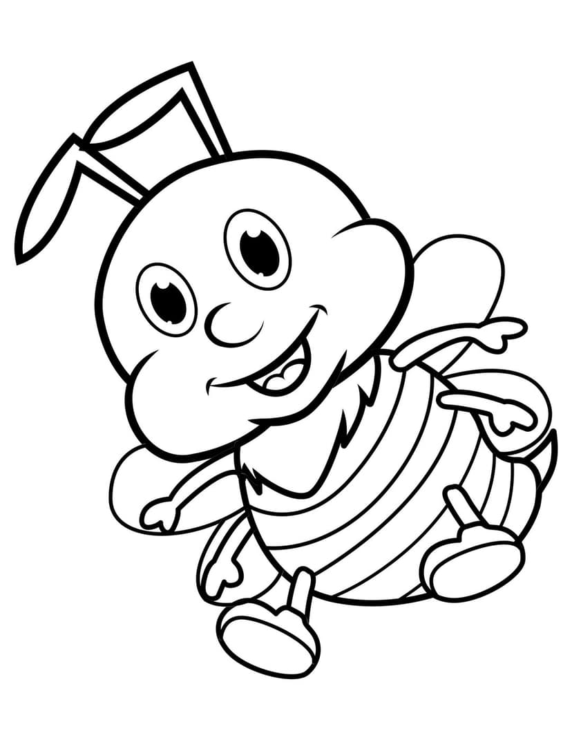 Bee line art illustration featuring a smiling insect with stripes, four wings, and antennae in a side view.
