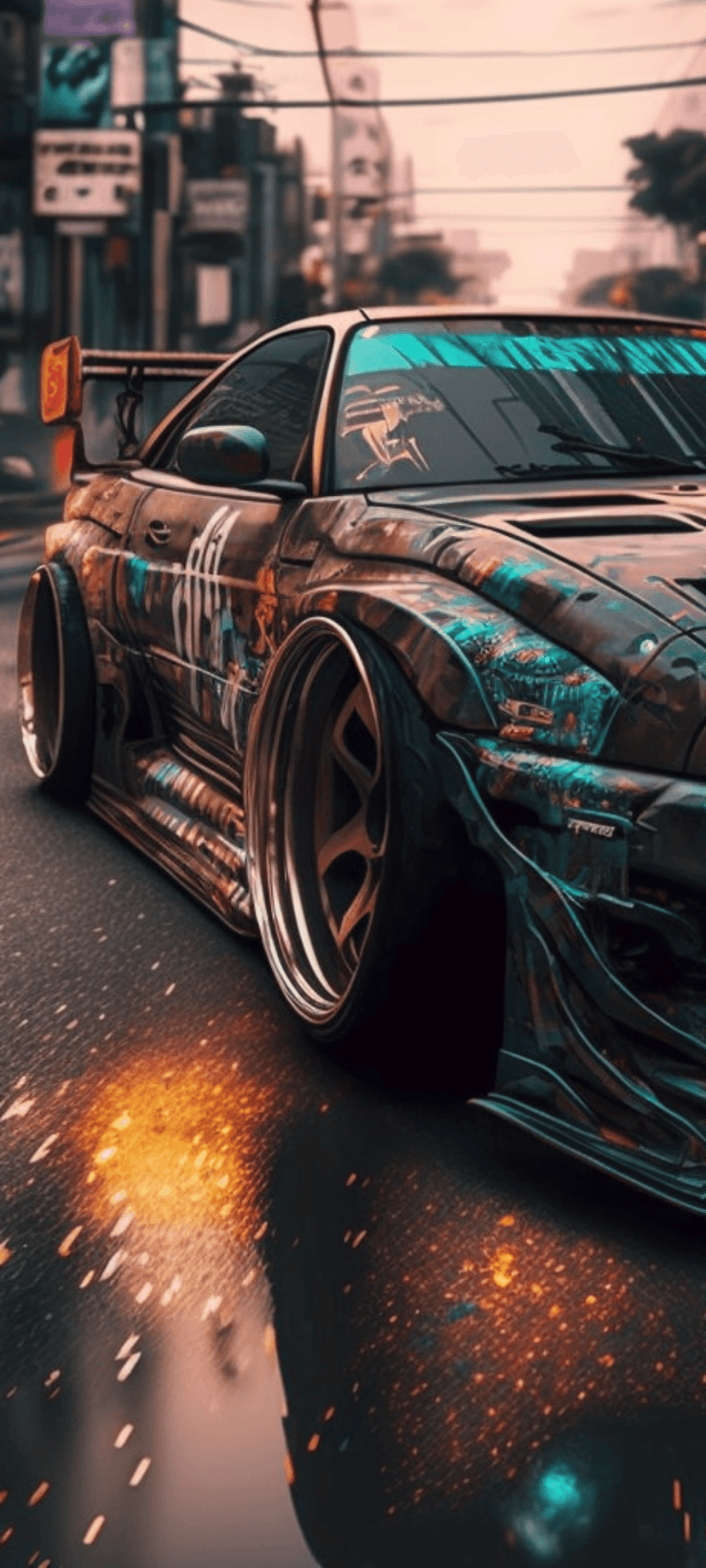Custom drift car with teal weathered paint and wide tires parked on a wet neon street with glowing sparks.