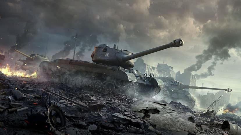 Powerful heavy tanks advance through rubble and smoke in a destroyed city under a stormy sky.