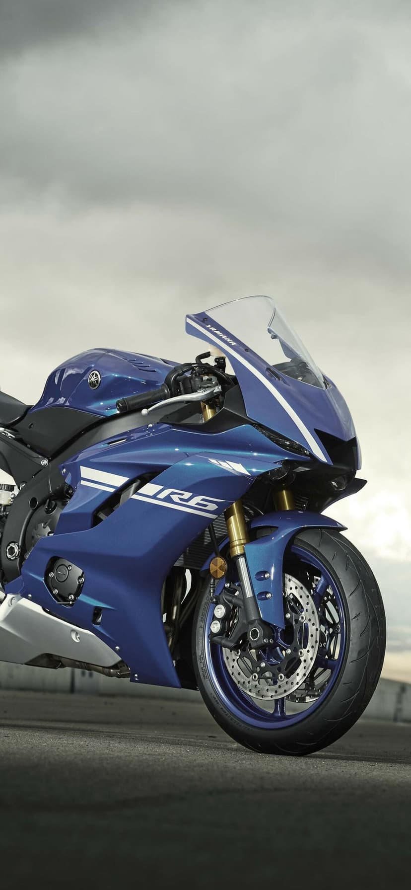 Blue Yamaha R6 sportbike with gold forks and white racing stripes parked on asphalt under a cloudy sky.