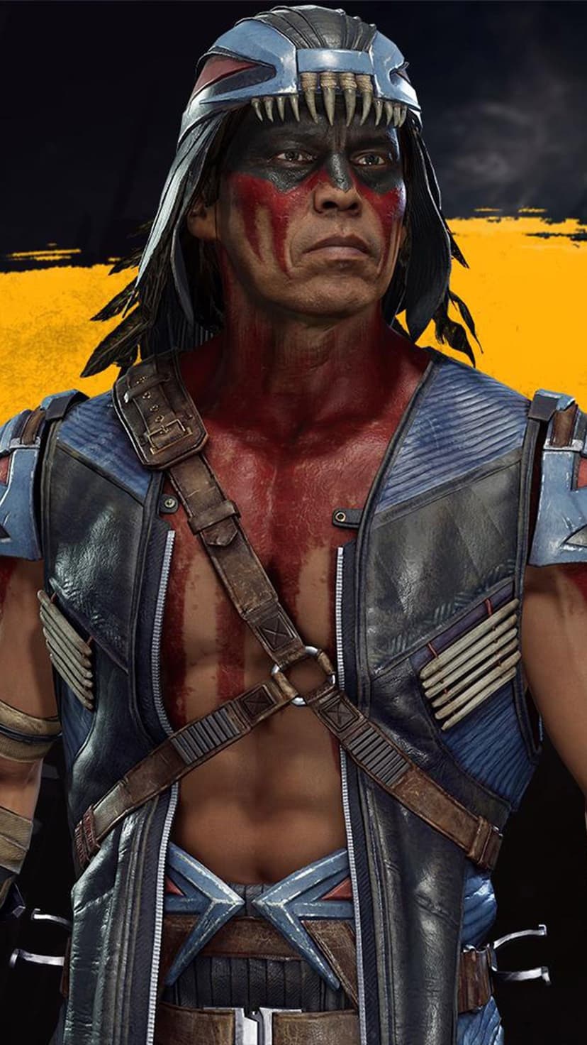 Nightwolf with red face paint and blue armored vest looking forward against a vibrant orange background.