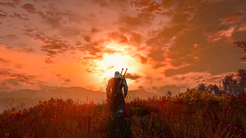 Geralt of Rivia walks through a field of wildflowers toward a fiery orange sunset with distant mountains.