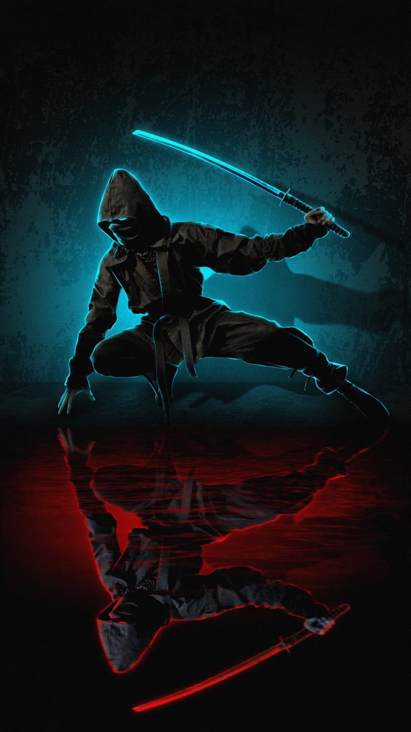 Hooded ninja holding a glowing blue sword with a red reflection on a wet surface in a dark, cinematic setting.