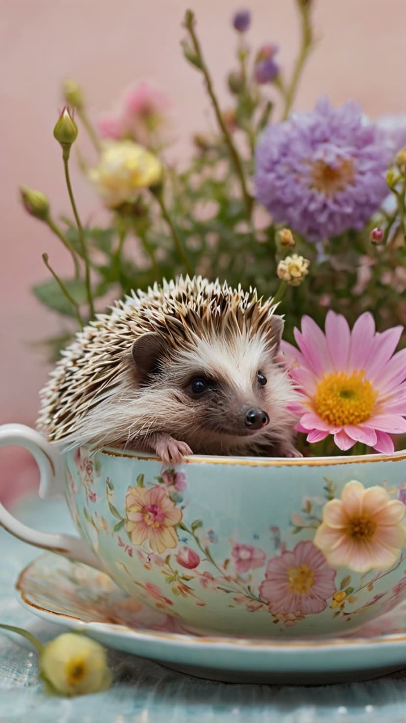 Hedgehog peeking from a floral porcelain teacup surrounded by pink, purple, and yellow spring wildflowers.