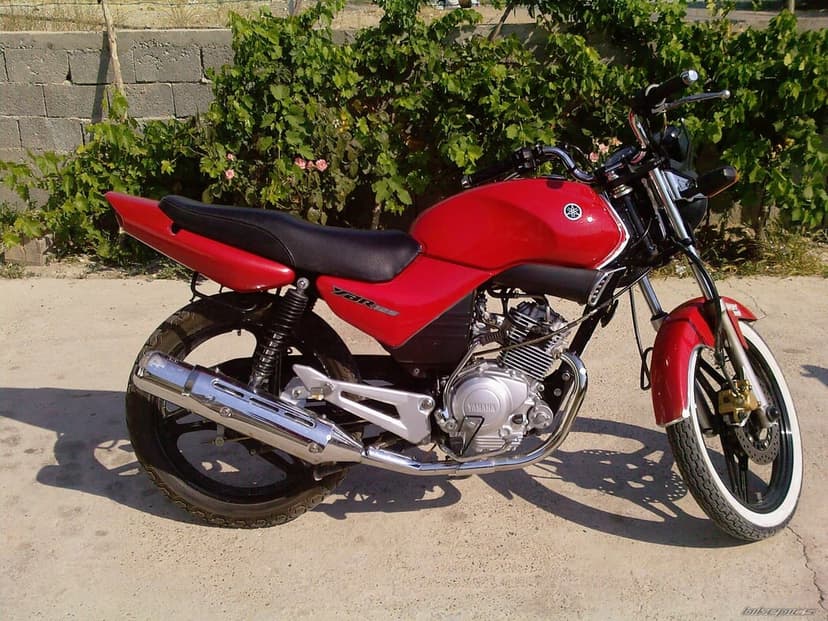 Red Yamaha YBR 125 motorcycle with chrome accents parked on concrete against a backdrop of green leafy bushes.