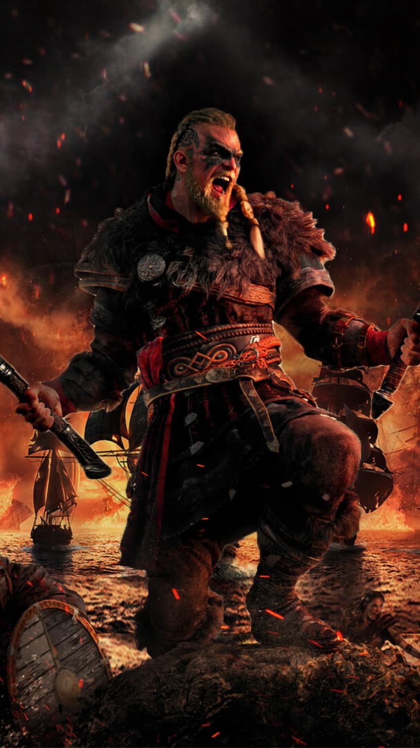 Viking warrior roars while holding two axes on a burning battlefield with flaming longships in the background.