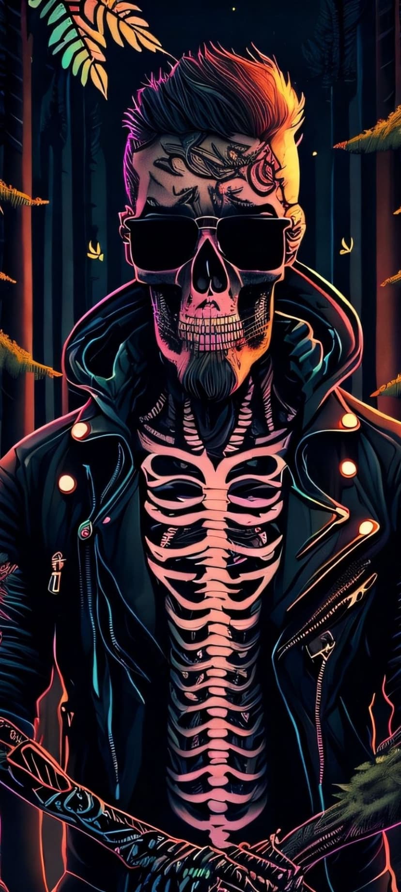 Skeleton in a leather jacket and sunglasses stands amidst glowing neon plants in a dark, nocturnal forest.