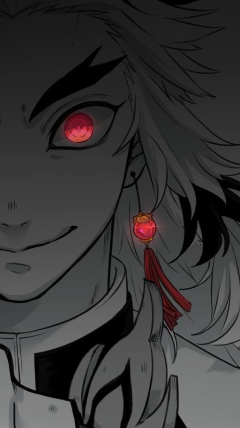 Swordsman with glowing red eyes and a red hanafuda earring gazes forward against a dark grayscale backdrop.
