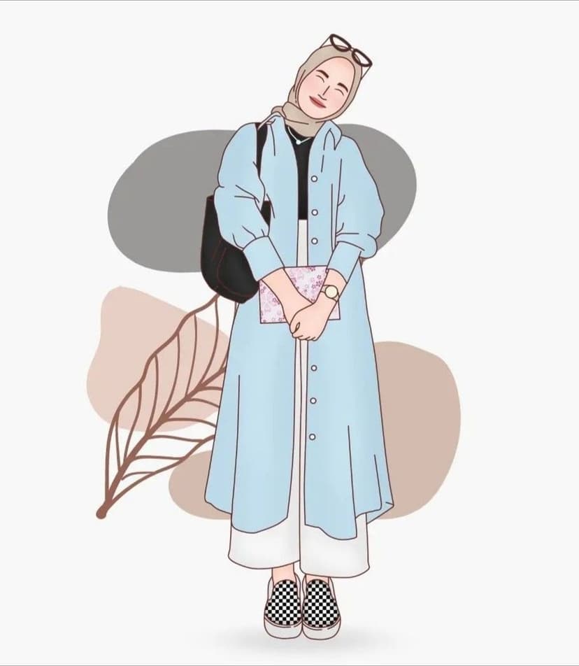 Muslim woman in a light blue coat and beige hijab holding a book against an abstract leaf patterned background.