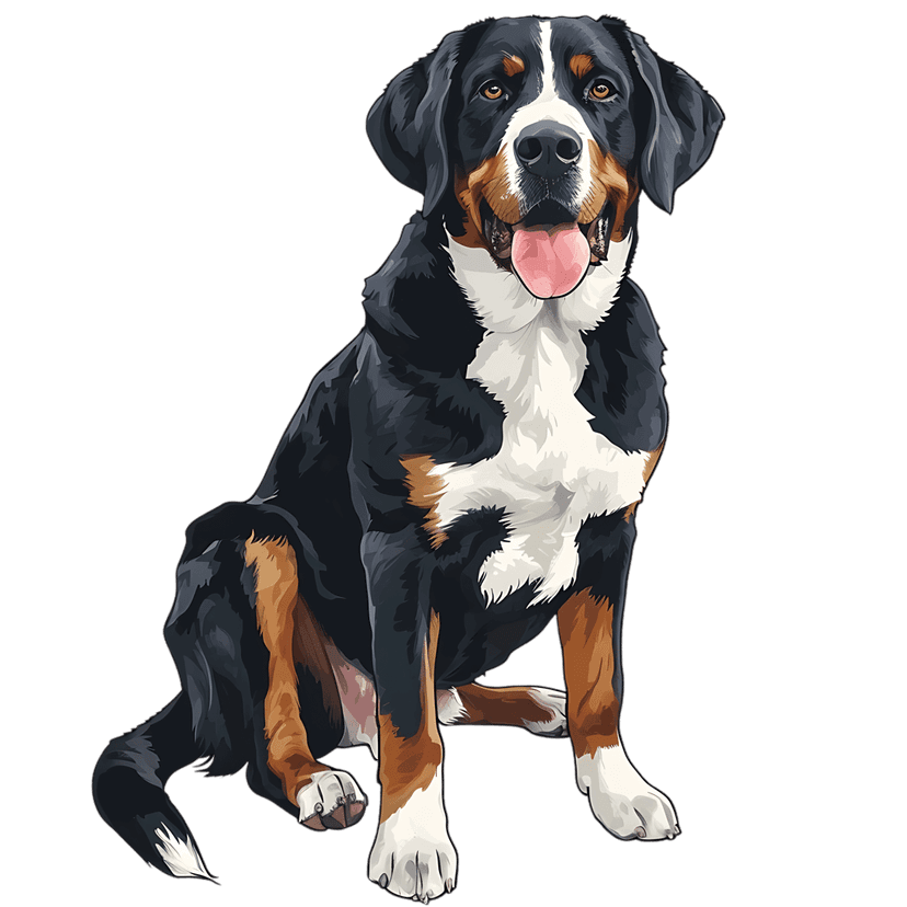 Greater Swiss Mountain Dog illustration sitting with mouth open and pink tongue visible against black background.