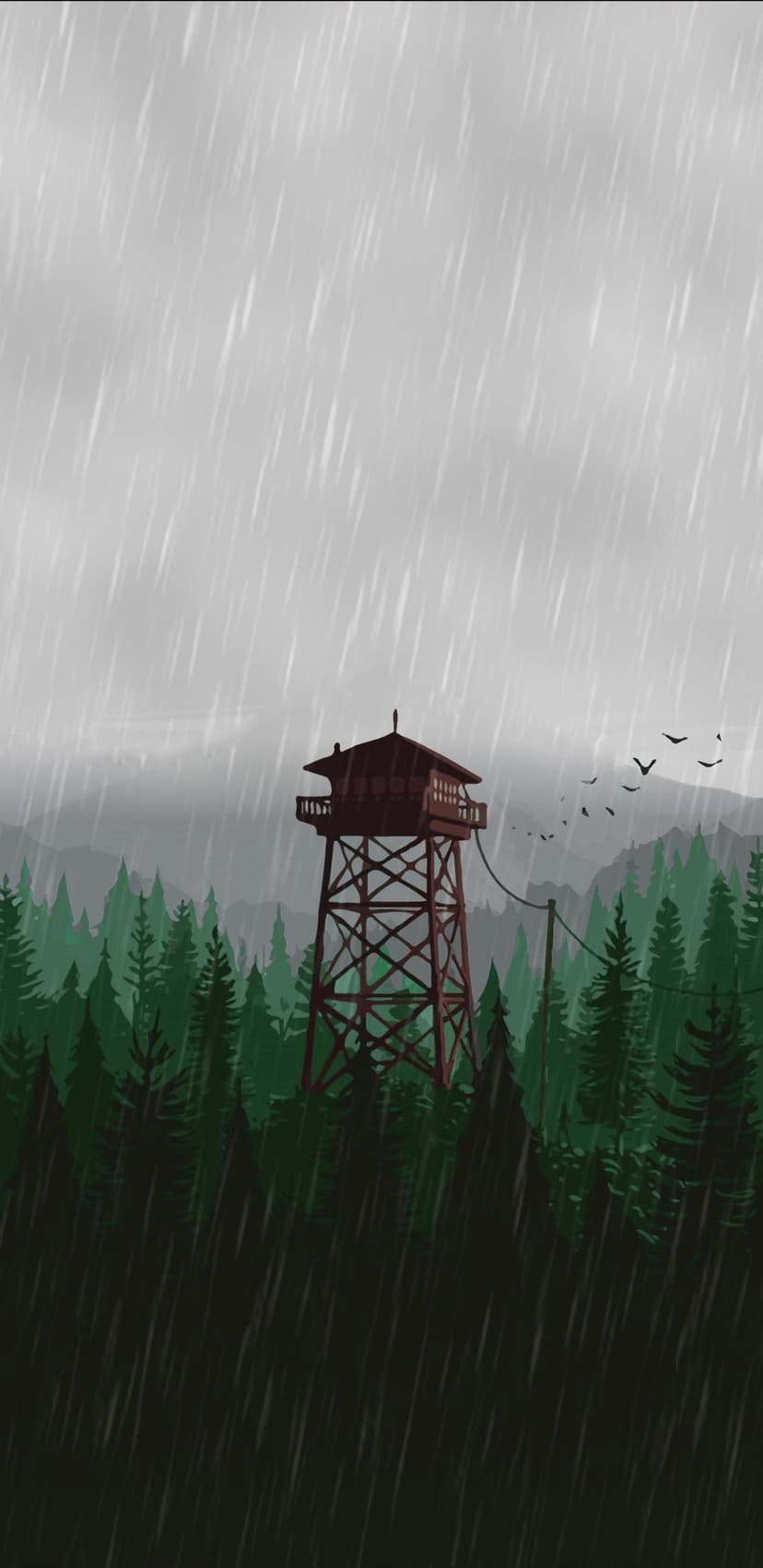 Wooden fire tower rises above a dense pine forest under a rainy grey sky with small birds flying in the distance.