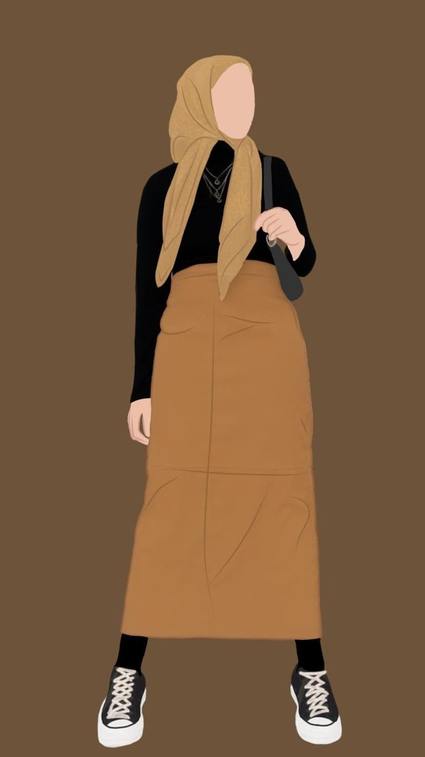 Hijabi woman wearing a camel maxi skirt and black top stands against a solid brown background with a handbag.