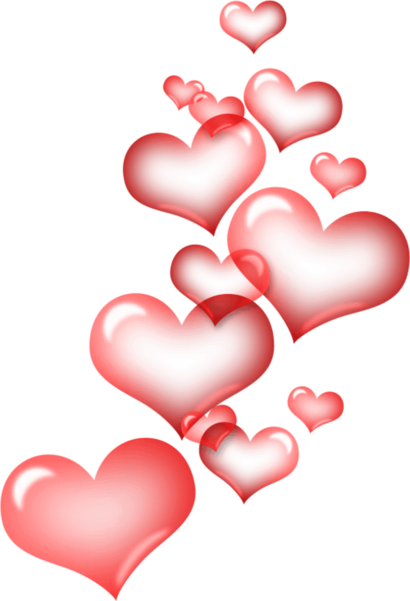 Floating red pink hearts scatter across transparent background showing glossy textures and soft lighting effects.