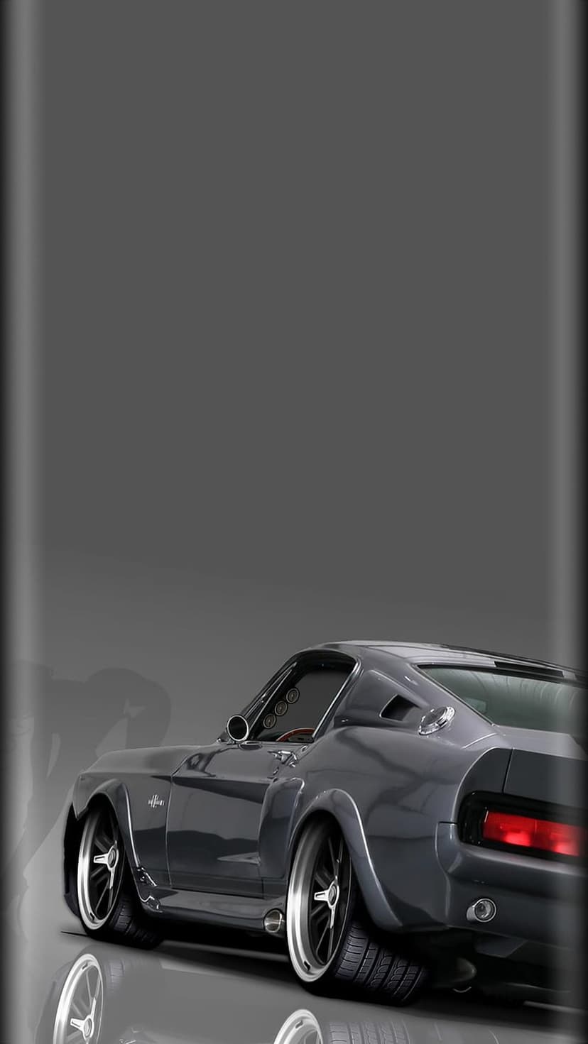 Ford Mustang Fastback with wide fender flares and black wheels reflected on a glossy grey studio floor surface.