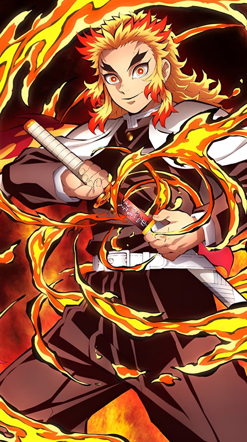 Kyojuro Rengoku brandishes a flaming sword as bright orange fire and sparks swirl around his demon slayer uniform.