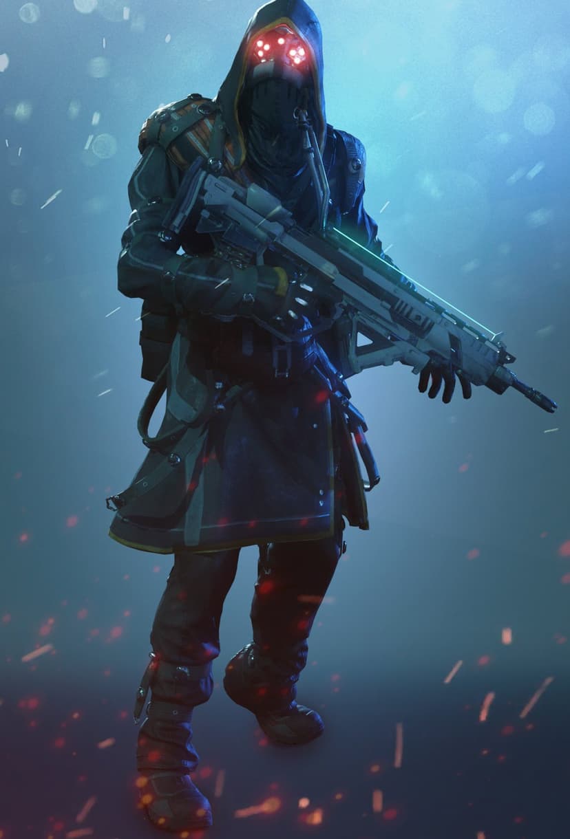 Cybernetic soldier with glowing red eyes and tactical gear holding a large futuristic rifle in misty blue light.