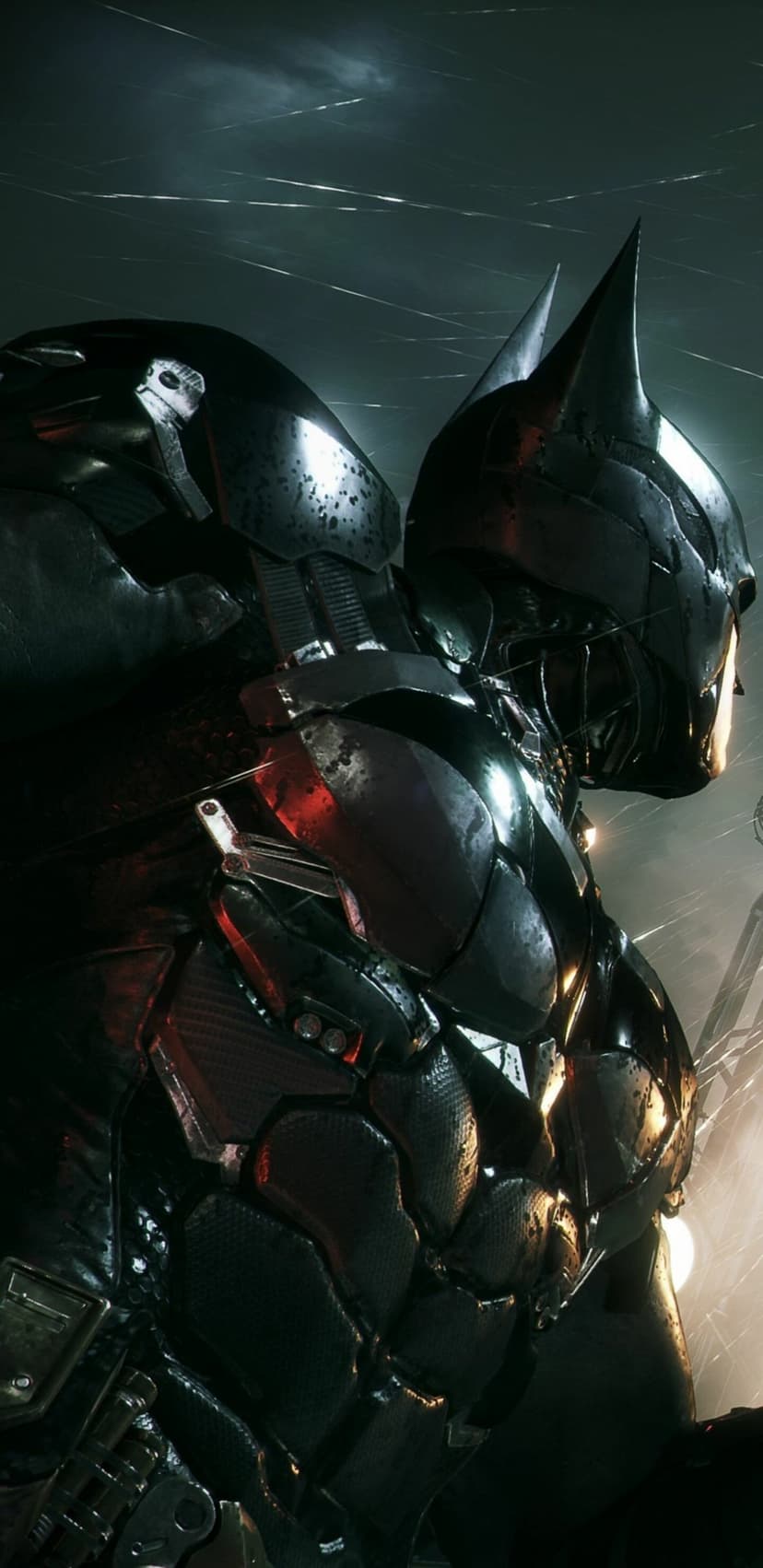 Batman in metallic armored suit with raindrops on his cowl and glowing warm light reflections at night.