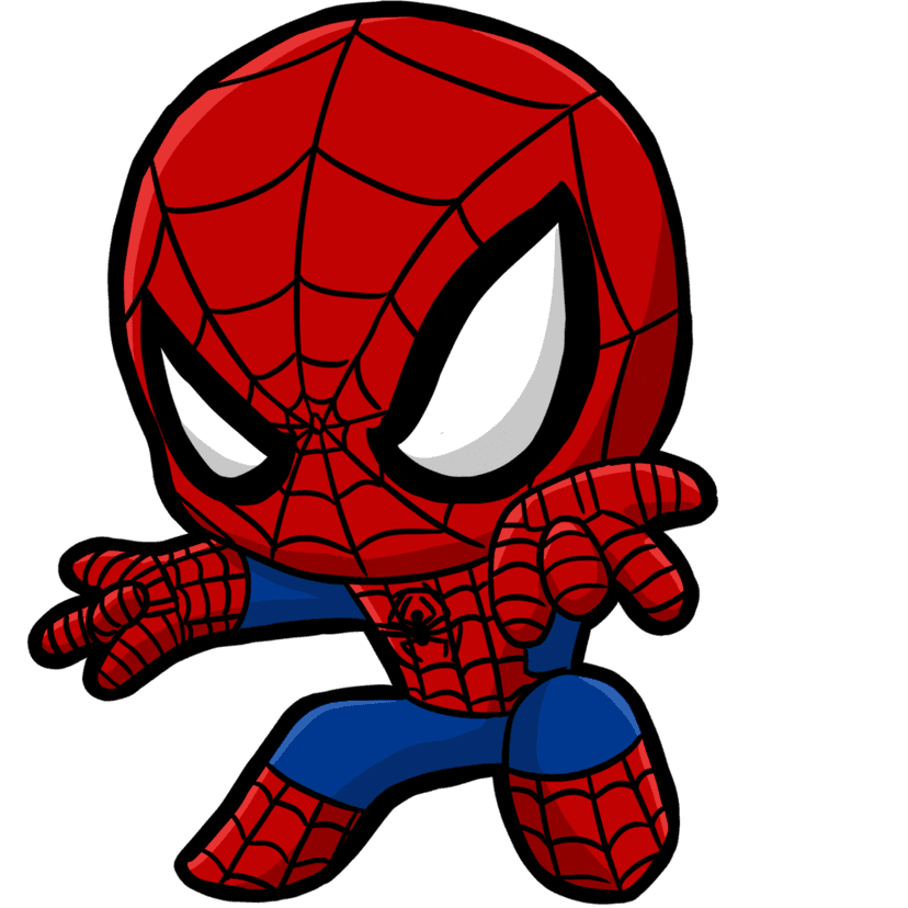 Spiderman Wolverine and Venom characters illustrated in a small chibi style with bright colors and thick outlines.
