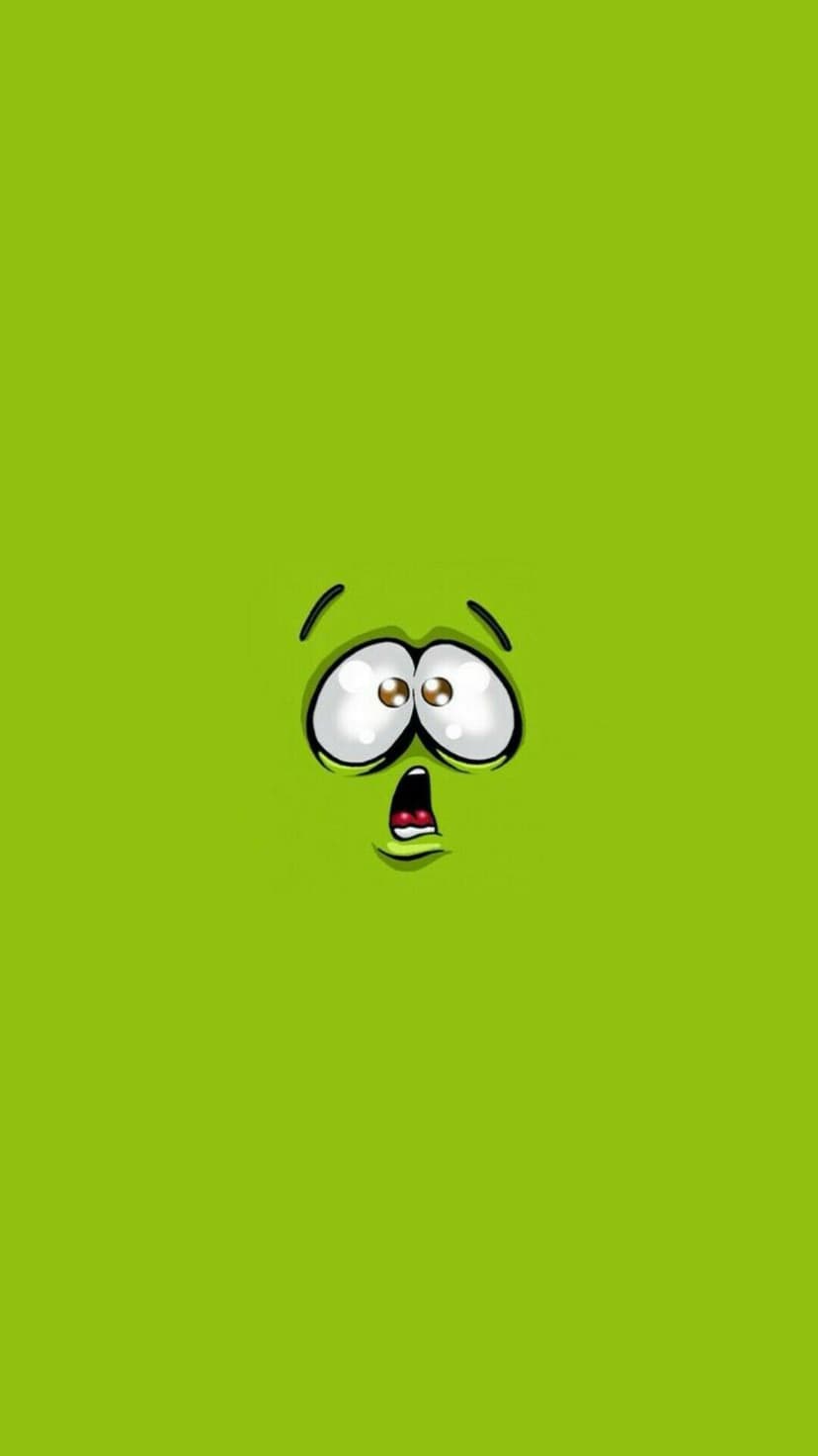 Shocked cartoon face with wide circular eyes and an open mouth centered on a solid lime green background.