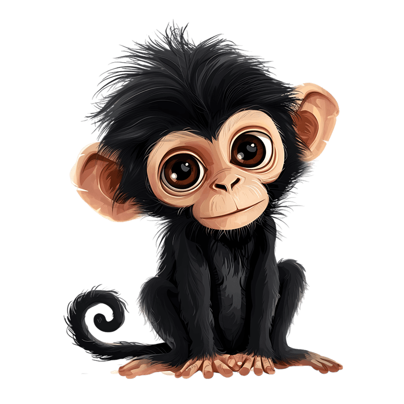 Chimpanzee cartoon illustration with thick black fur and large brown eyes sitting against a dark background.
