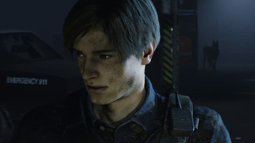 Leon S. Kennedy with a dirty face and police uniform in a dark foggy street with a zombie dog silhouette.