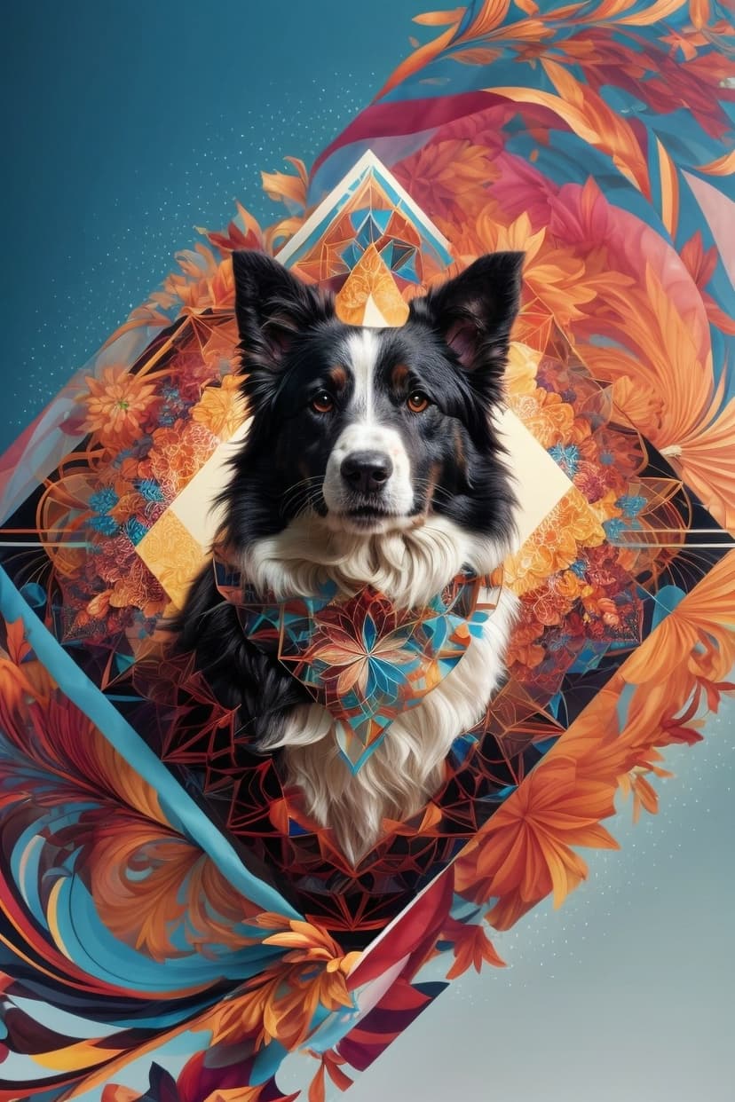 Border Collie with a symmetrical crown of orange and teal geometric flowers against a blue gradient background.