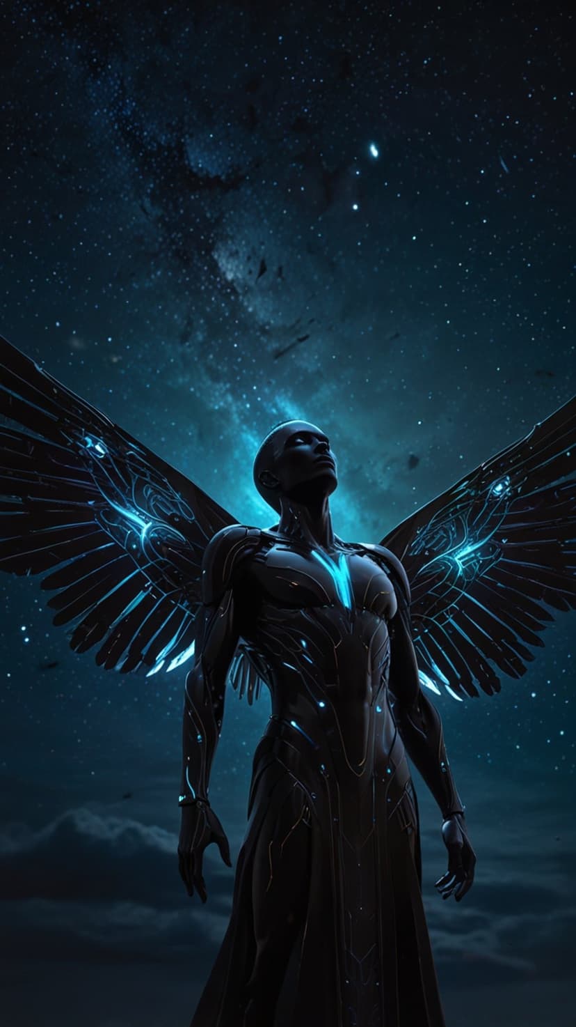 Cybernetic angel with black metallic wings and glowing blue circuits soaring against a starry nebula background.