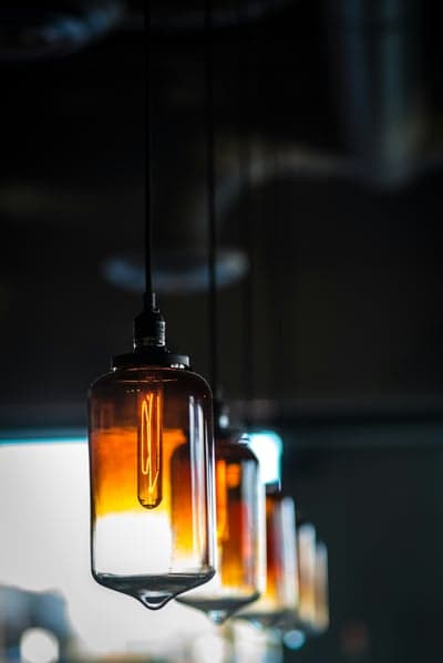 Close-up of Edison bulbs hanging in a row