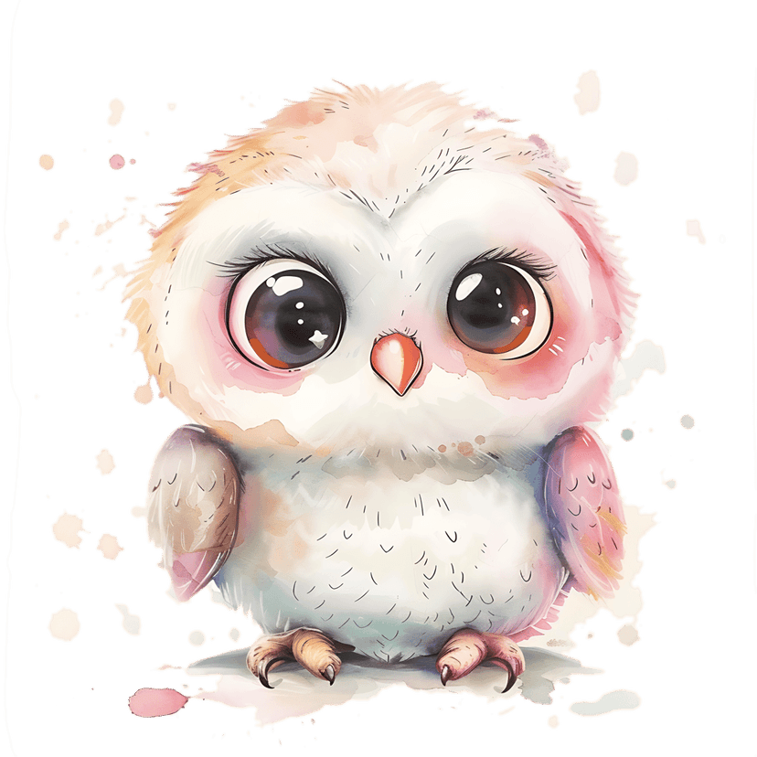 Watercolor owl illustration featuring pink and yellow feathers with large dark eyes and artistic splatters.