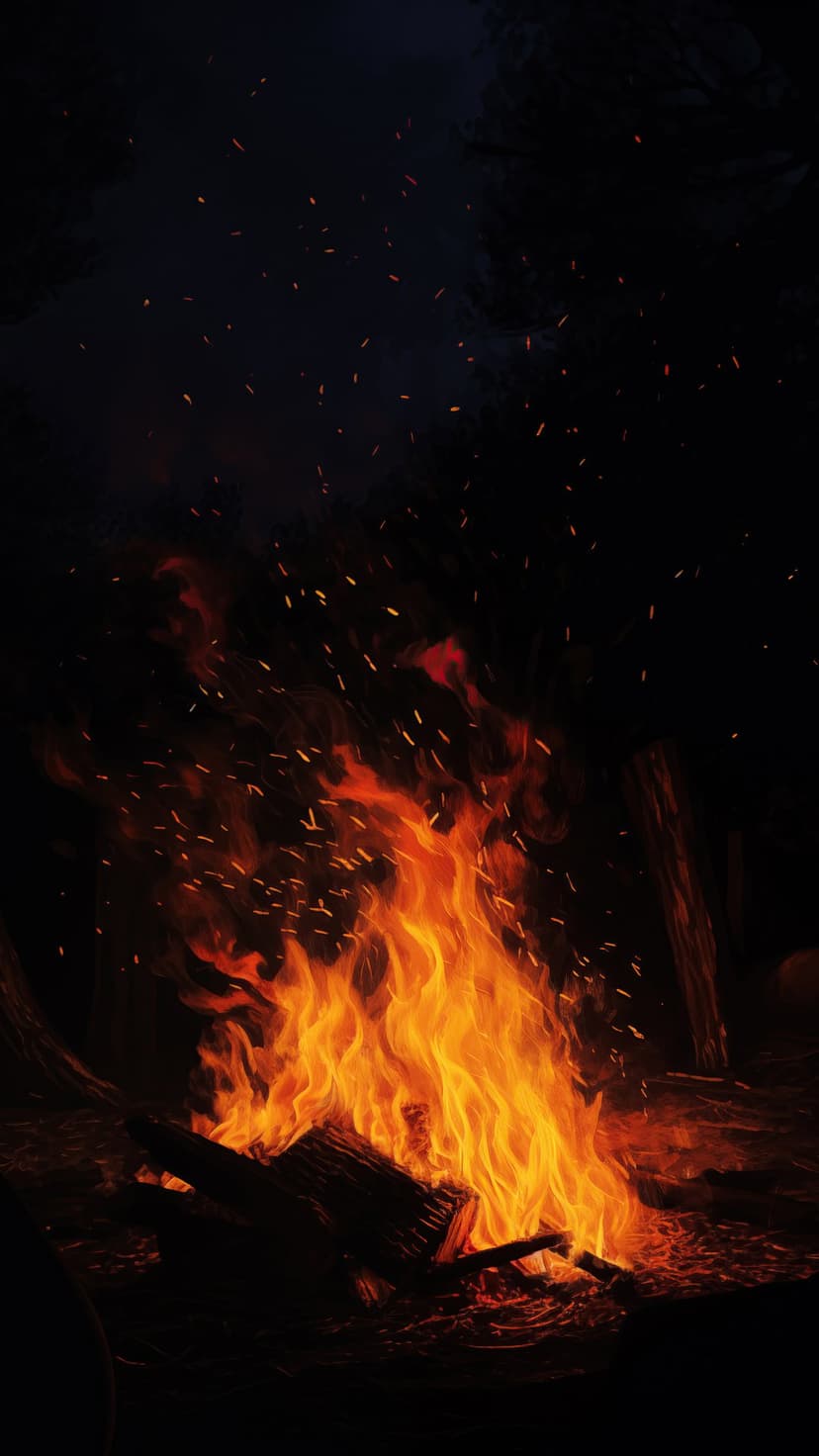 Glowing campfire with rising sparks and dancing flames against a dark forest backdrop in the night sky.