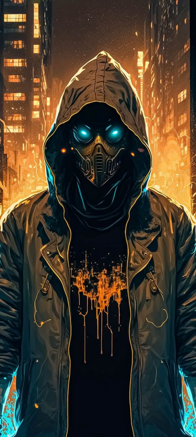 Cyberpunk character wearing a gas mask and hood with glowing blue eyes against a blurred neon cityscape background.