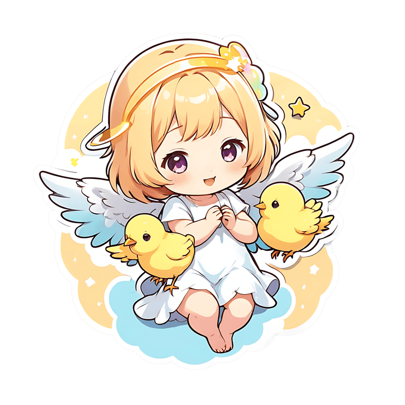 Chibi angel sticker character sitting on a light blue cloud with yellow chicks and a golden halo.