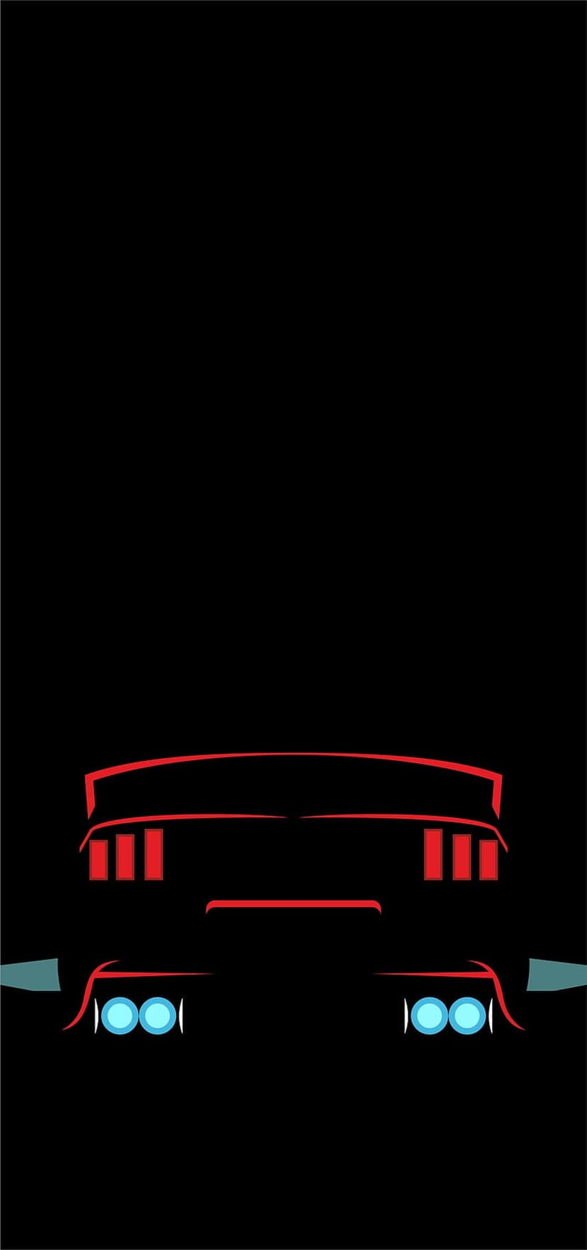 Red Mustang rear silhouette with glowing taillights and a sleek spoiler centered on a pitch-black background.