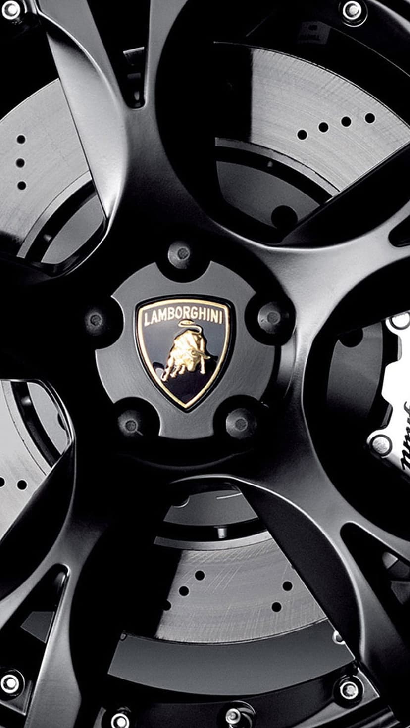 Lamborghini black alloy wheel featuring a gold bull logo and perforated steel brake rotors in sharp focus.