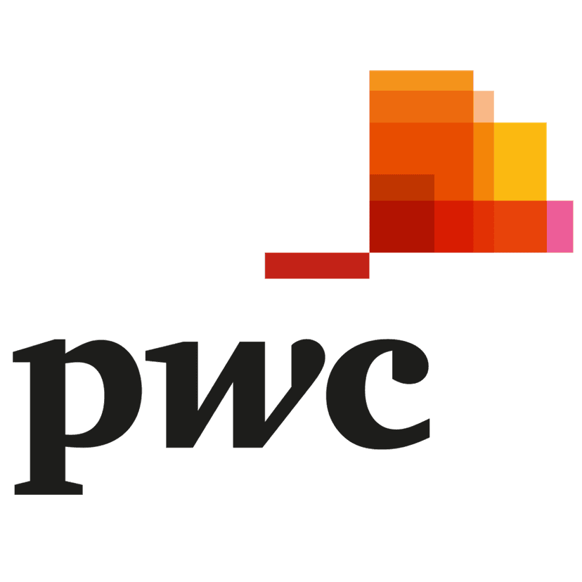 PwC logo featuring lowercase black letters next to a multicolored square grid on a transparent background.