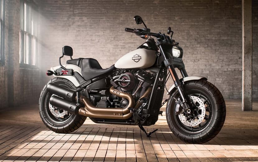 White and bronze Harley-Davidson motorcycle parked on a wooden floor in a sunlit industrial warehouse.