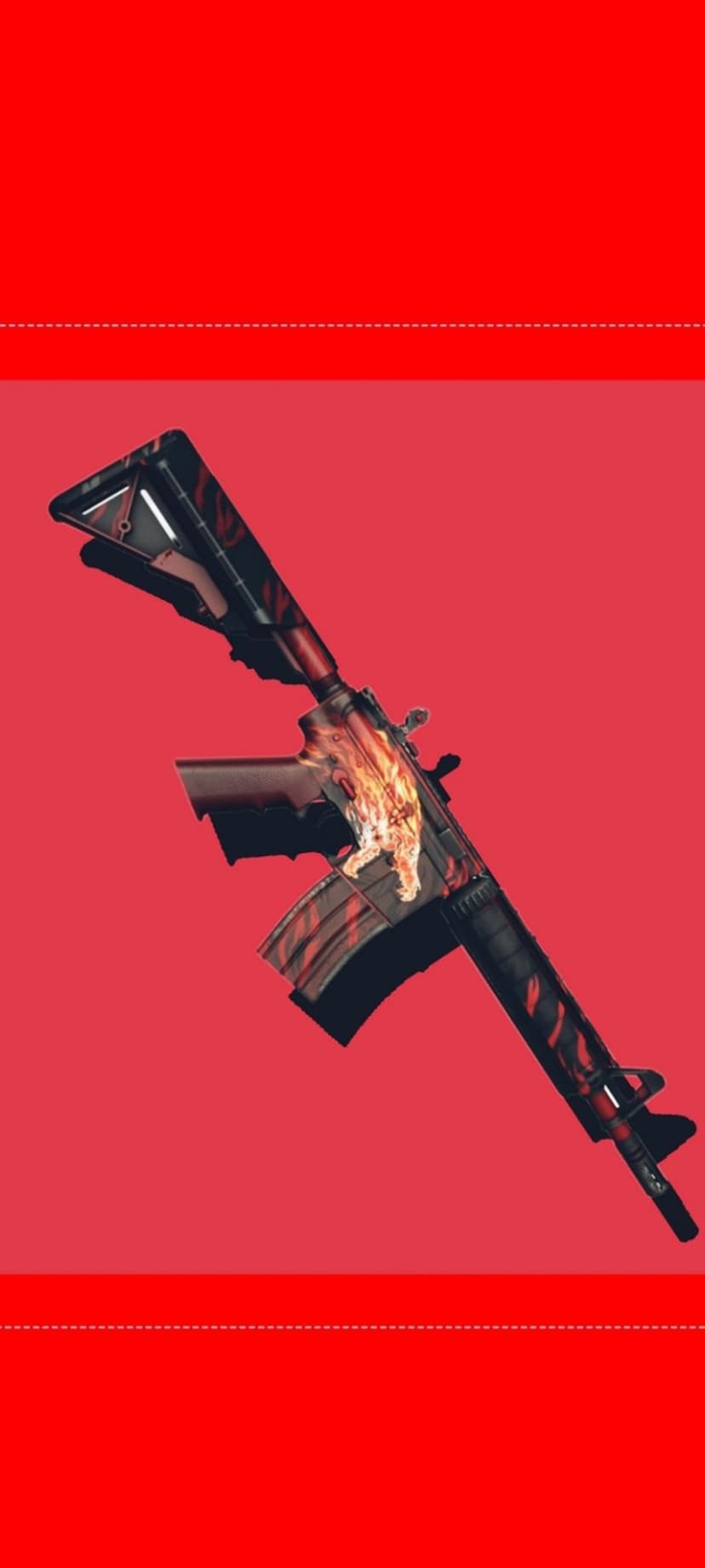 AR-15 assault rifle with glowing orange tiger stripe flame patterns and black components on a red background.