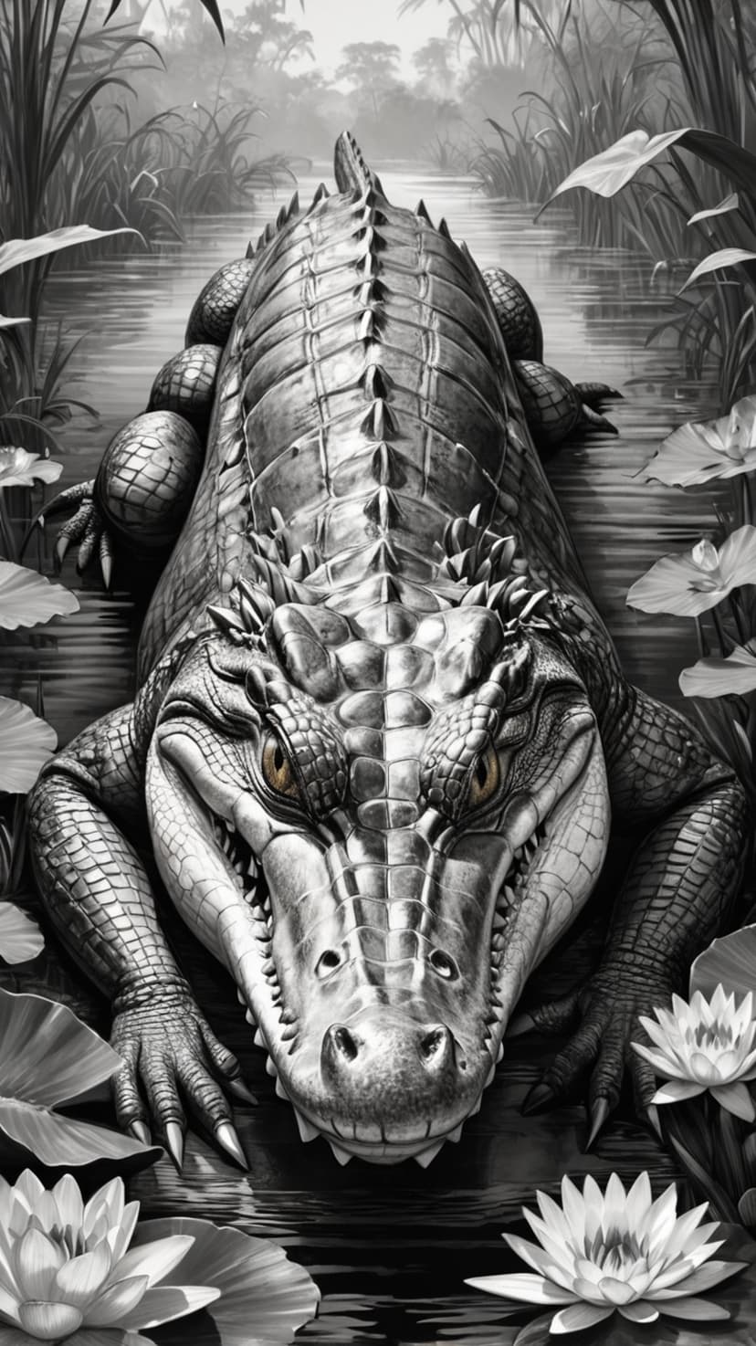 Alligator surfacing from a swamp with visible scales and teeth among lily pads in a black and white portrait.