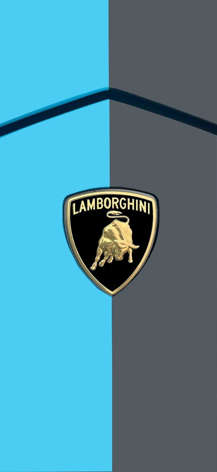 Golden Lamborghini bull crest centered on a split-screen background of vibrant blue and dark matte gray.
