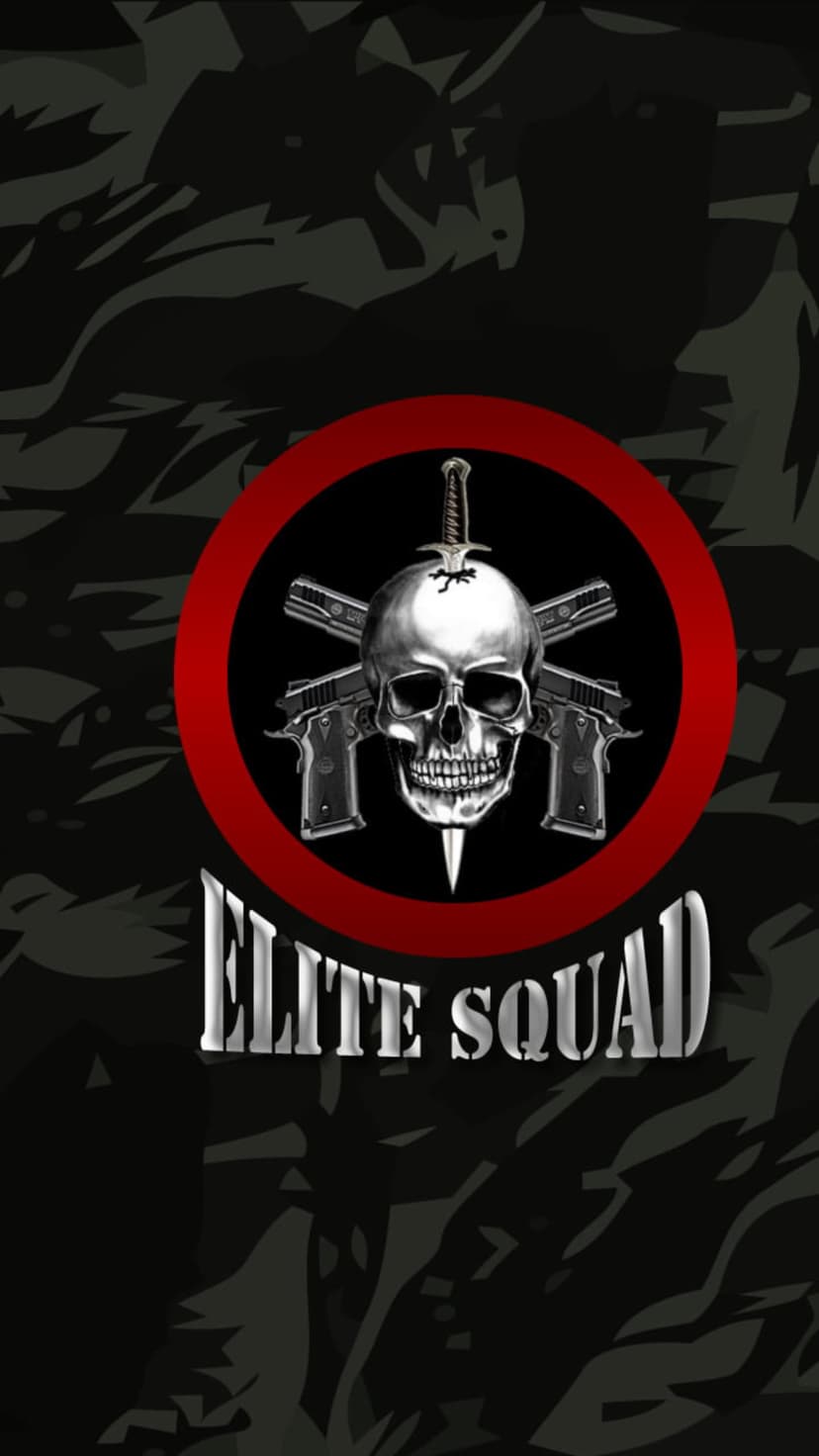 Metallic skull impaled by a dagger between two pistols inside a red circle over dark camouflage textures.