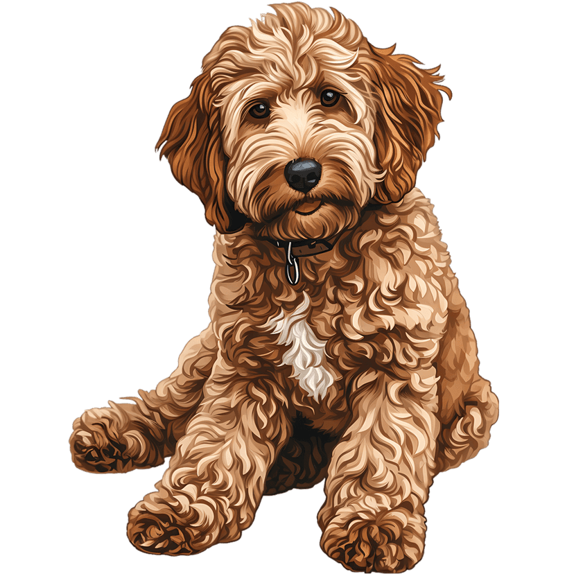 Brown doodle dog sits facing forward showing curly chocolate fur and a white chest patch on transparent background.