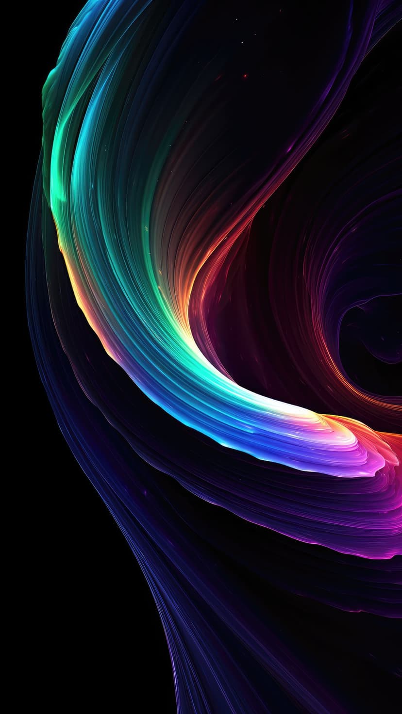 Vibrant rainbow-colored light ribbon spiraling through a pitch-black space with glowing neon edges.
