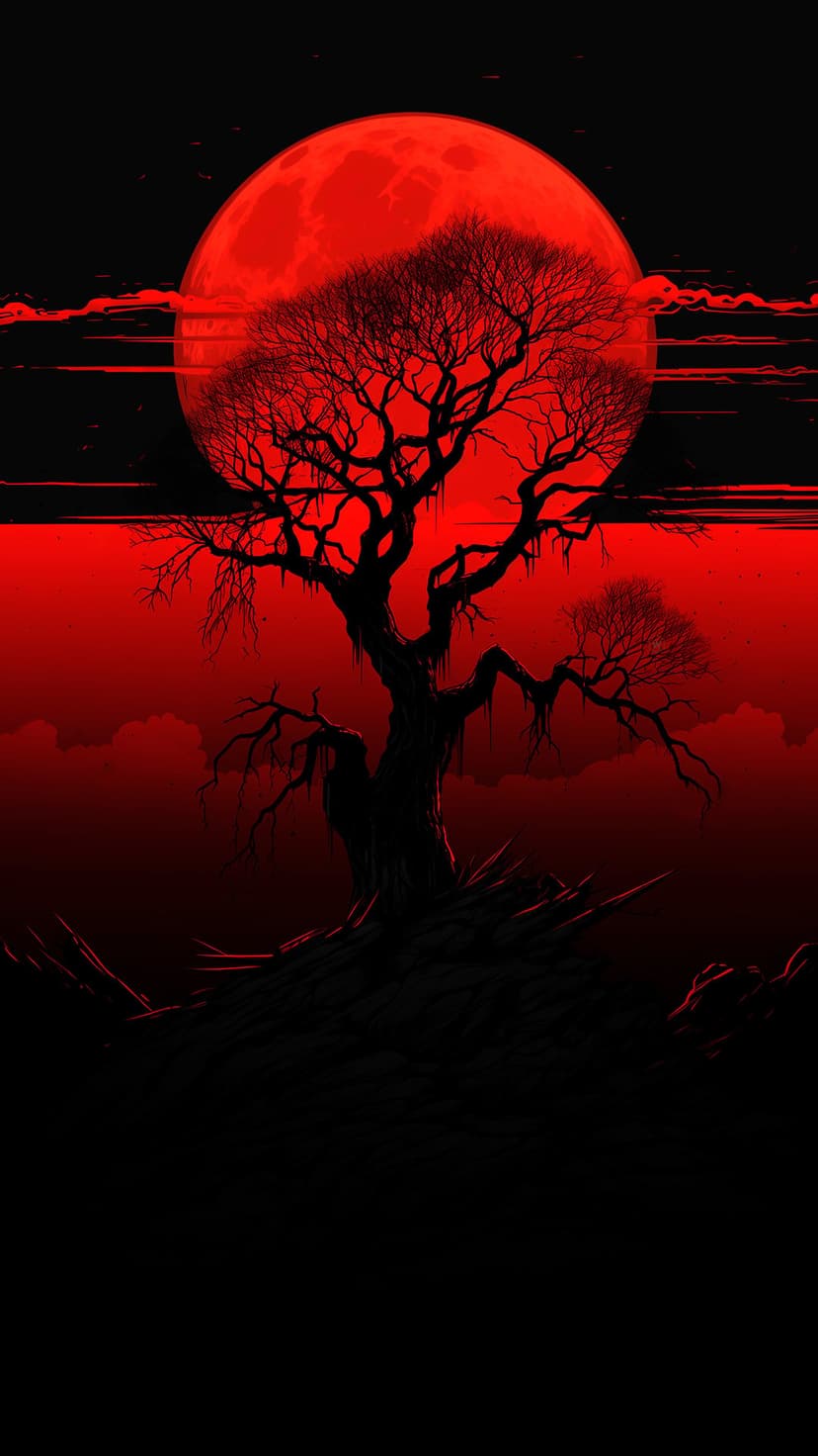 Giant red moon looms behind a silhouetted bare tree with gnarled branches against a dark, cloudy night sky.