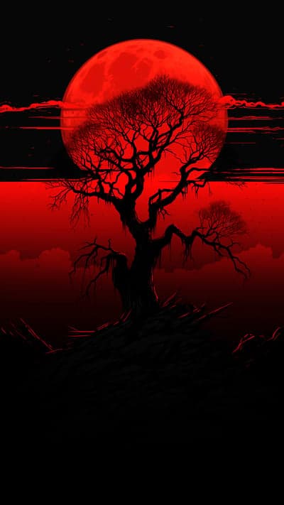 Spooky Red Moon Over Bare Tree Landscape